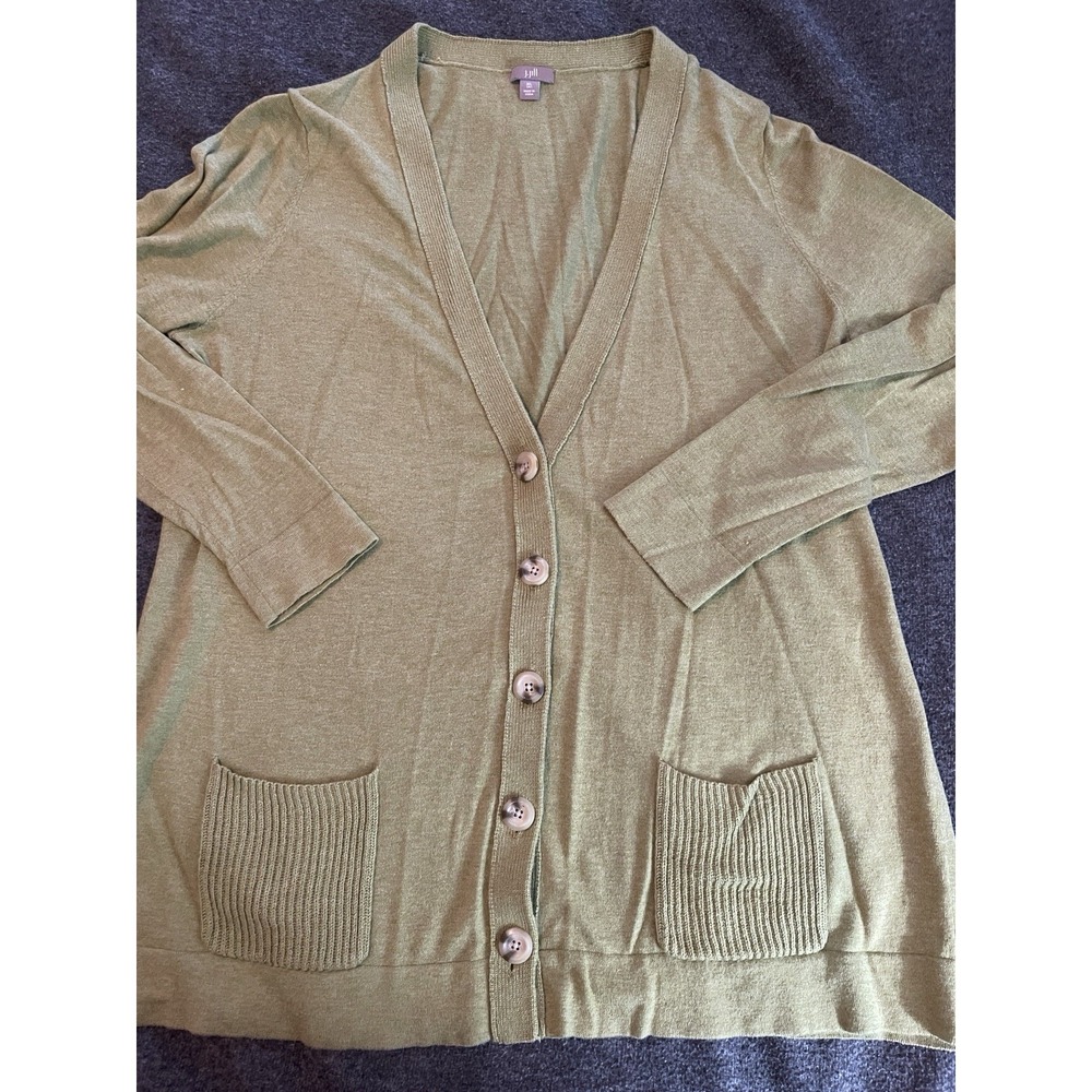 J Jill Cardigan Sweater Knit Green Button Front Cotton Blend Lightweight XL Tall
